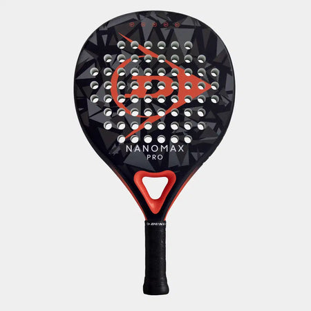 The Dunlop Nanomax Pro Padel Racket by Dunlop features a black and red design with a geometric pattern, circular holes, NANOMAX PRO text, a graphite frame, Pro EVA core, and a black handle with a red accent near the throat.