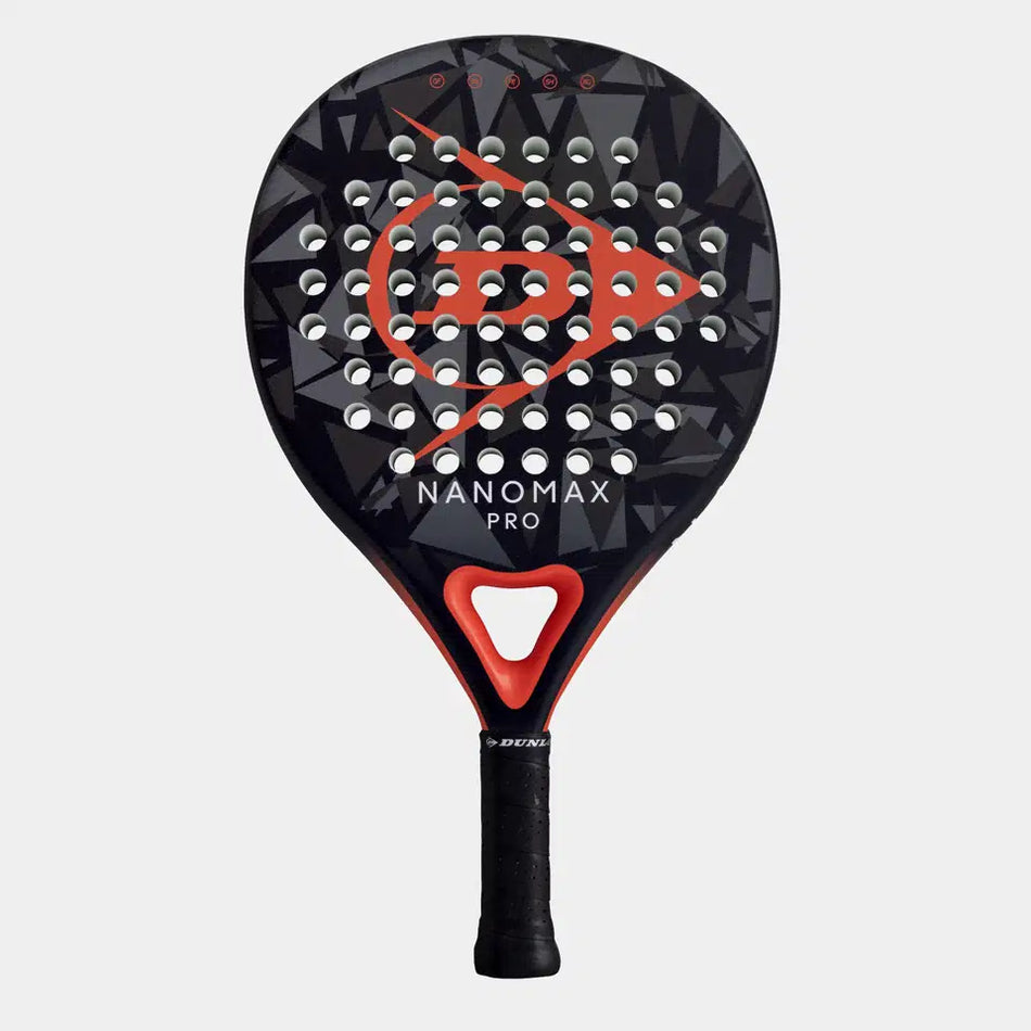 The Dunlop Nanomax Pro Padel Racket by Dunlop features a black and red design with a geometric pattern, circular holes, NANOMAX PRO text, a graphite frame, Pro EVA core, and a black handle with a red accent near the throat.