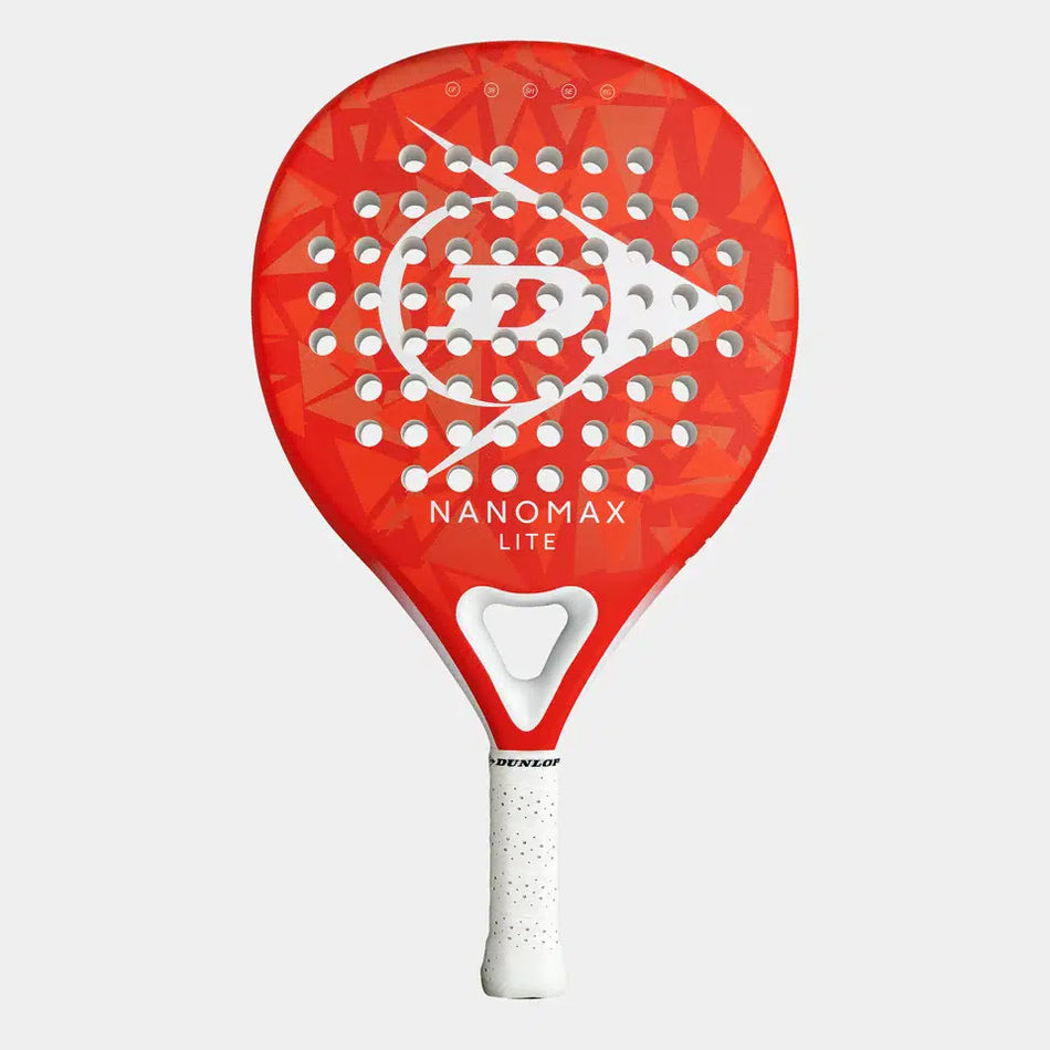 The Dunlop Nanomax Lite Padel Racket, in red with a white handle, hybrid headshape, circular perforations, and geometric face pattern, is shown against a white background.