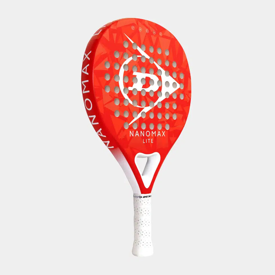 The Dunlop Nanomax Lite Padel Racket features a red and white hybrid headshape, "NANOMAX LITE" text, brand logo, perforated face, graphite frame, and a comfortable white grip.