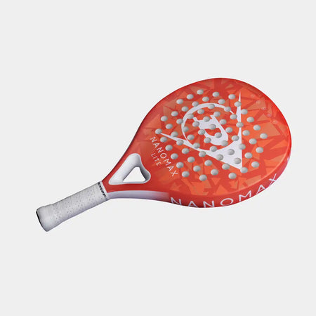 The Dunlop Nanomax Lite Padel Racket, featuring a red and white design, graphite frame, white grip, and bold Dunlop logo on the face, is displayed against a plain white background.