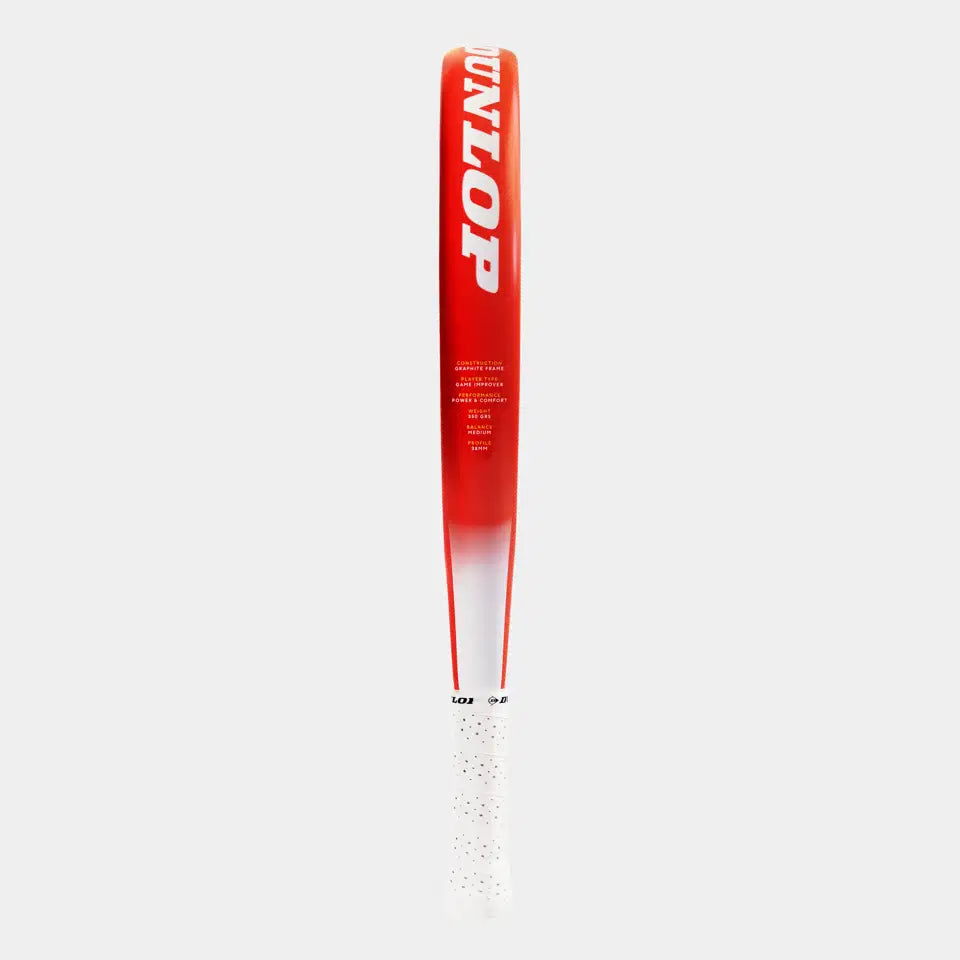 The Dunlop Nanomax Lite Padel Racket is shown vertically with the handle at the bottom and head at the top, featuring bold white DUNLOP branding on its graphite frame in red and white.