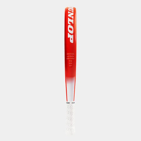 The Dunlop Nanomax Lite Padel Racket is shown vertically with the handle at the bottom and head at the top, featuring bold white DUNLOP branding on its graphite frame in red and white.