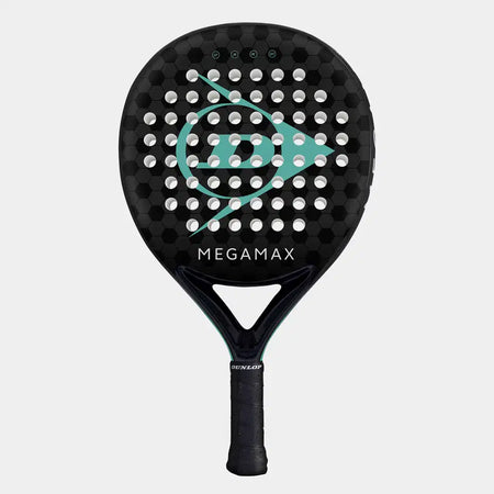 The Dunlop Megamax Black Padel Racket by Dunlop has a honeycomb pattern, large white holes, MEGAMAX text on the face, and a teal/white logo. Its graphite frame is ideal for beginners, with DUNLOP branding in white on the black handle.