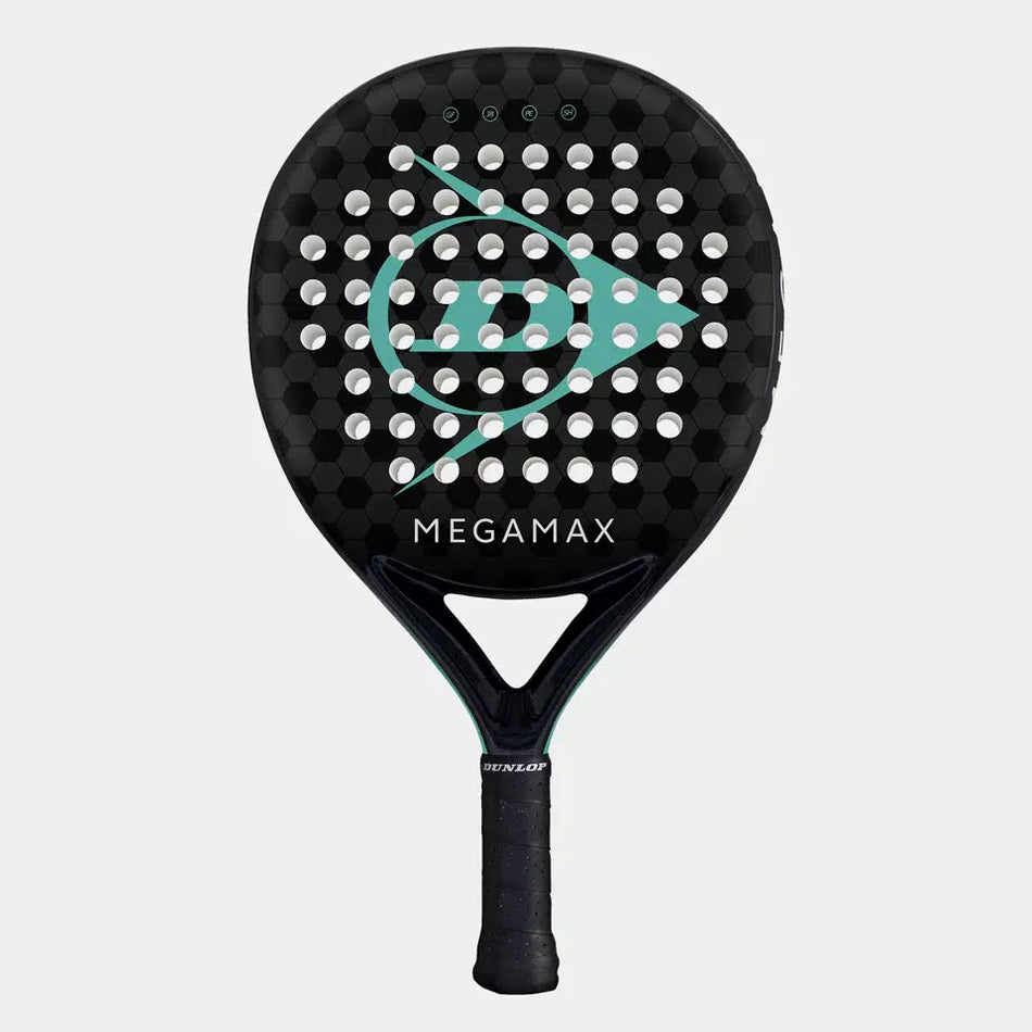 The Dunlop Megamax Black Padel Racket by Dunlop has a honeycomb pattern, large white holes, MEGAMAX text on the face, and a teal/white logo. Its graphite frame is ideal for beginners, with DUNLOP branding in white on the black handle.