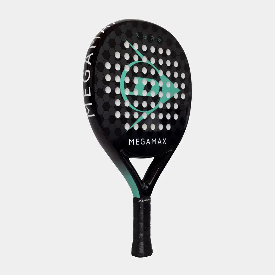 The Dunlop Megamax Black Padel Racket features a black honeycomb pattern, teal accents, MEGAMAX branding, graphite frame, perforated face, and a textured black grip—ideal for beginners.