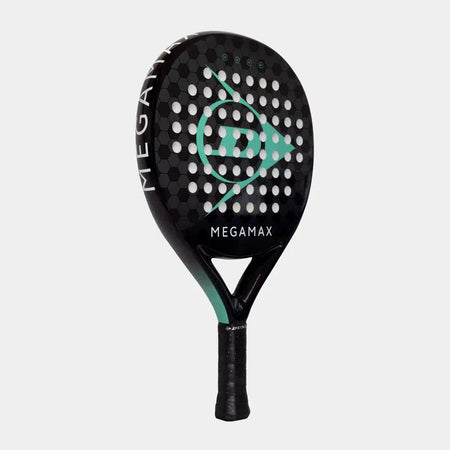 The Dunlop Megamax Black Padel Racket features a black honeycomb pattern, teal accents, MEGAMAX branding, graphite frame, perforated face, and a textured black grip—ideal for beginners.
