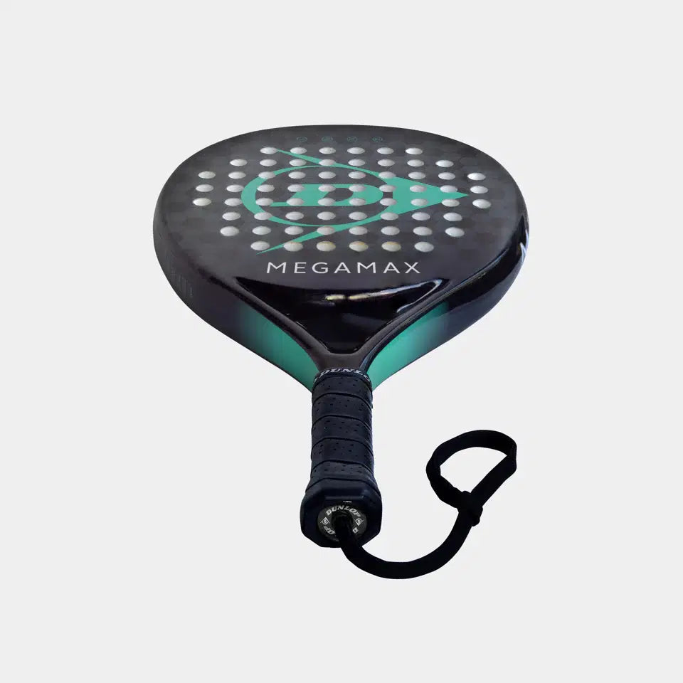 The Dunlop Megamax Black Padel Racket features a graphite frame, teal accents, perforated holes, MEGAMAX print, and a black grip with wrist strap—making it an ideal beginner’s padel racket.
