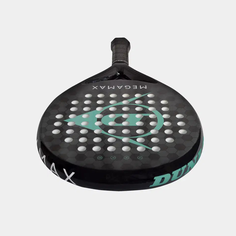 The Dunlop Megamax Black Padel Racket features a graphite frame, hexagonal pattern, turquoise accents, side Dunlop branding, multiple holes, and a black grip handle.