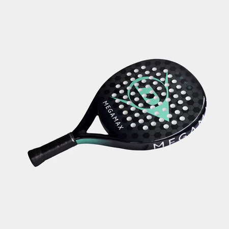 The Dunlop Megamax Black Padel Racket features a black graphite frame, perforated surface, and green accents with "MEGAMAX" on the side—ideal for beginners. Shown against a plain light background. Brand: Dunlop.