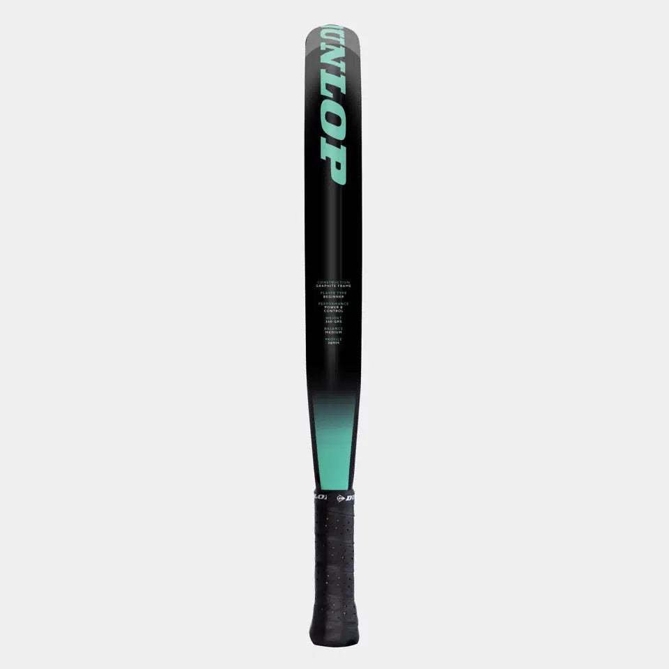 The Dunlop Megamax Black Padel Racket features a black design with gradient green accents and bold DUNLOP lettering, shown upright with the handle at the bottom on a plain white background—perfect for beginners.