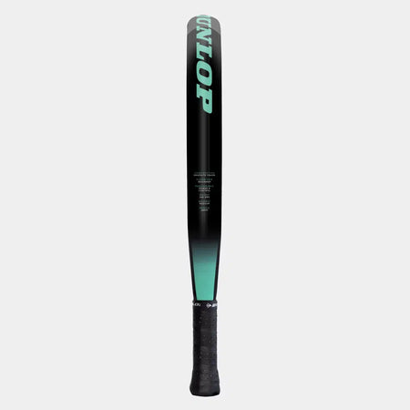 The Dunlop Megamax Black Padel Racket features a black design with gradient green accents and bold DUNLOP lettering, shown upright with the handle at the bottom on a plain white background—perfect for beginners.