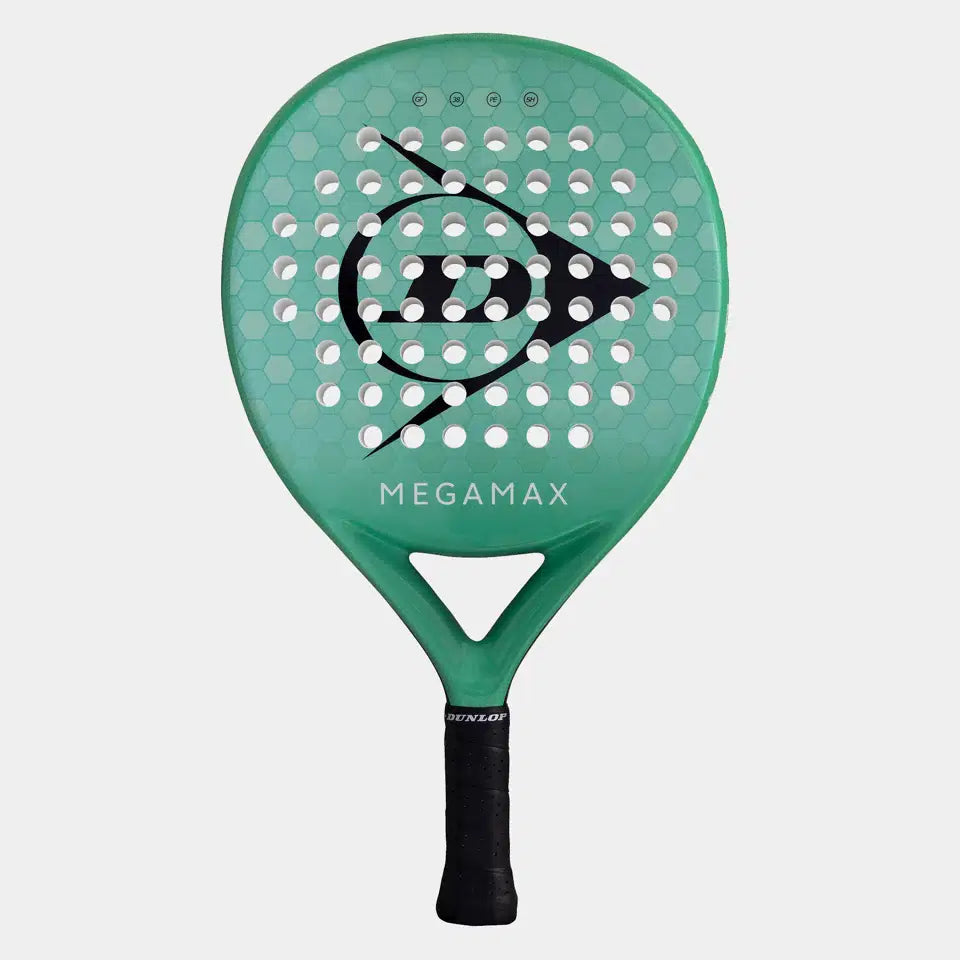 The Dunlop Megamax Green Padel Racket features a durable graphite frame, honeycomb pattern with round holes, a black handle, and MEGAMAX below the Dunlop logo—ideal for beginners.