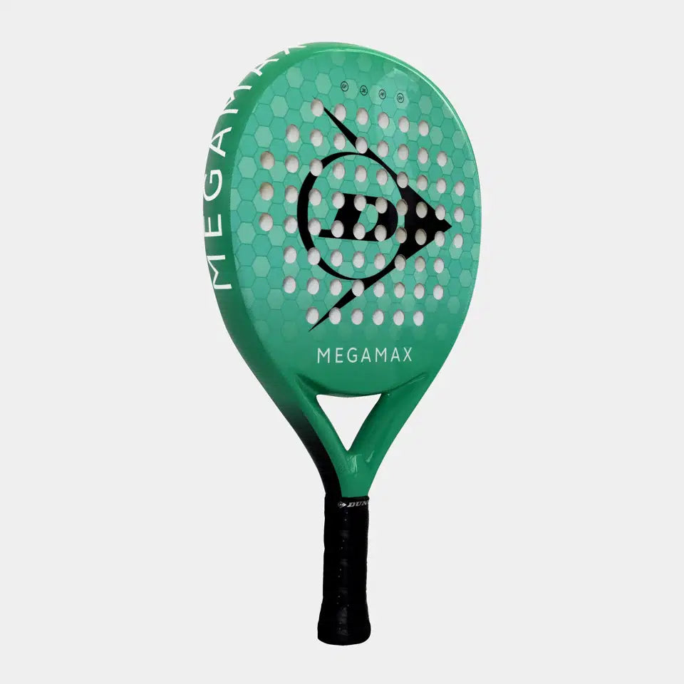The Dunlop Megamax Green Padel Racket features a green graphite frame, black handle, and bold black logo with white accents on its perforated face—ideal for beginners and displayed on a light gray background.