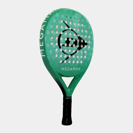 The Dunlop Megamax Green Padel Racket features a green graphite frame, black handle, and bold black logo with white accents on its perforated face—ideal for beginners and displayed on a light gray background.