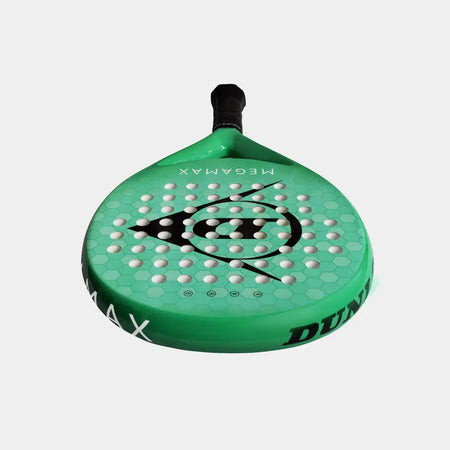 The Dunlop Megamax Green Padel Racket by Dunlop features a honeycomb pattern, circular perforations, and a graphite frame—ideal for beginners—and is shown against a plain white background.