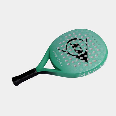 The Dunlop Megamax Green Padel Racket by Dunlop features a green frame, black handle, white holes on the face, "MEGAMAX" text, and a large logo—an ideal graphite padel racket for beginners.