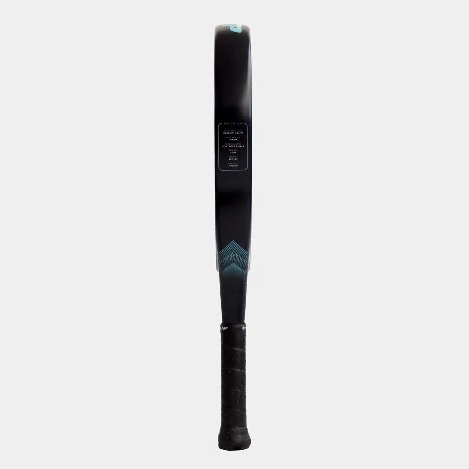 A Dunlop Galatica Junior Padel Racket stands upright, handle down and head up, displayed from the side on a plain light grey background.