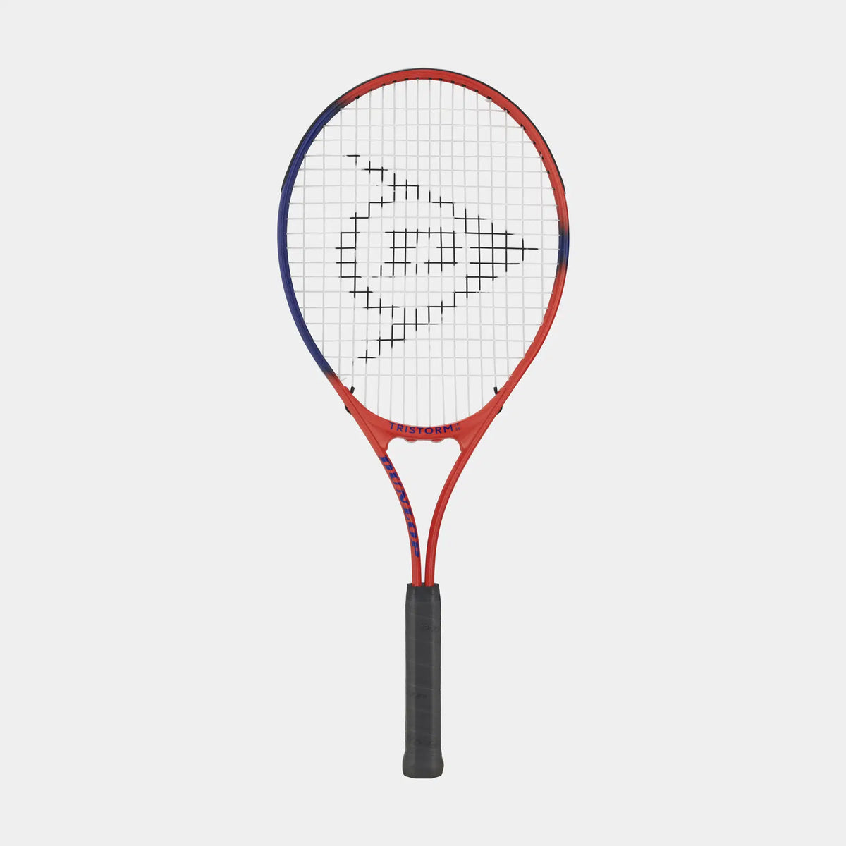 The Dunlop Tristorm Junior Tennis Racket by Dunlop, featuring red and blue colors with black strings and grip, is shown standing upright against a plain white background.