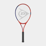 The Dunlop Tristorm Junior Tennis Racket by Dunlop, featuring red and blue colors with black strings and grip, is shown standing upright against a plain white background.