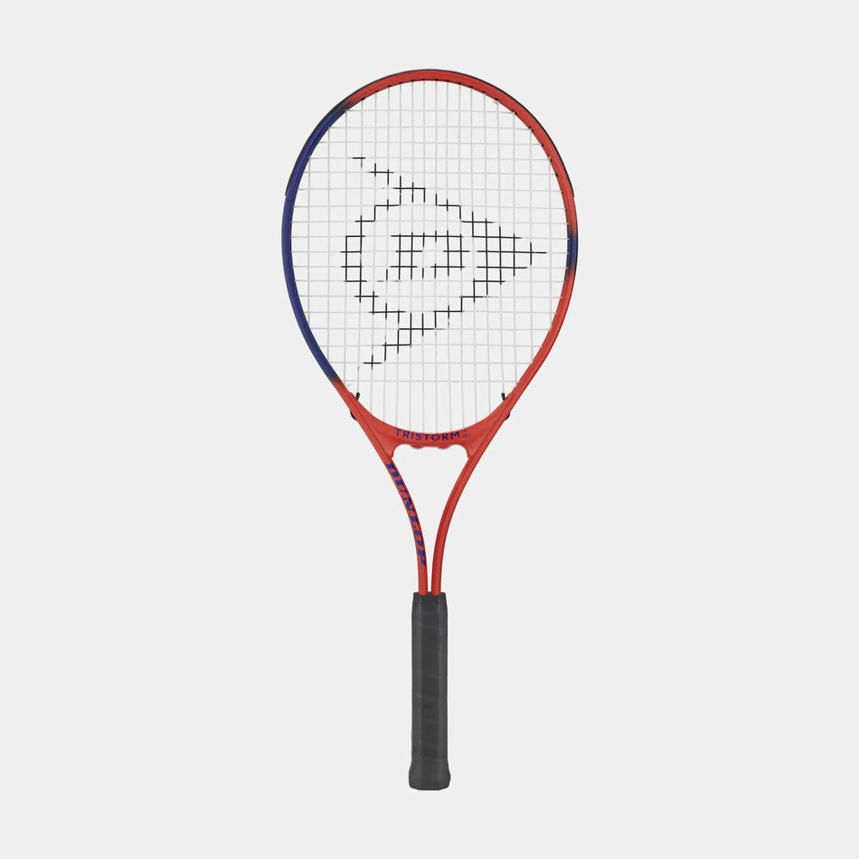 The Dunlop Tristorm Junior Tennis Racket by Dunlop, featuring red and blue colors with black strings and grip, is shown standing upright against a plain white background.