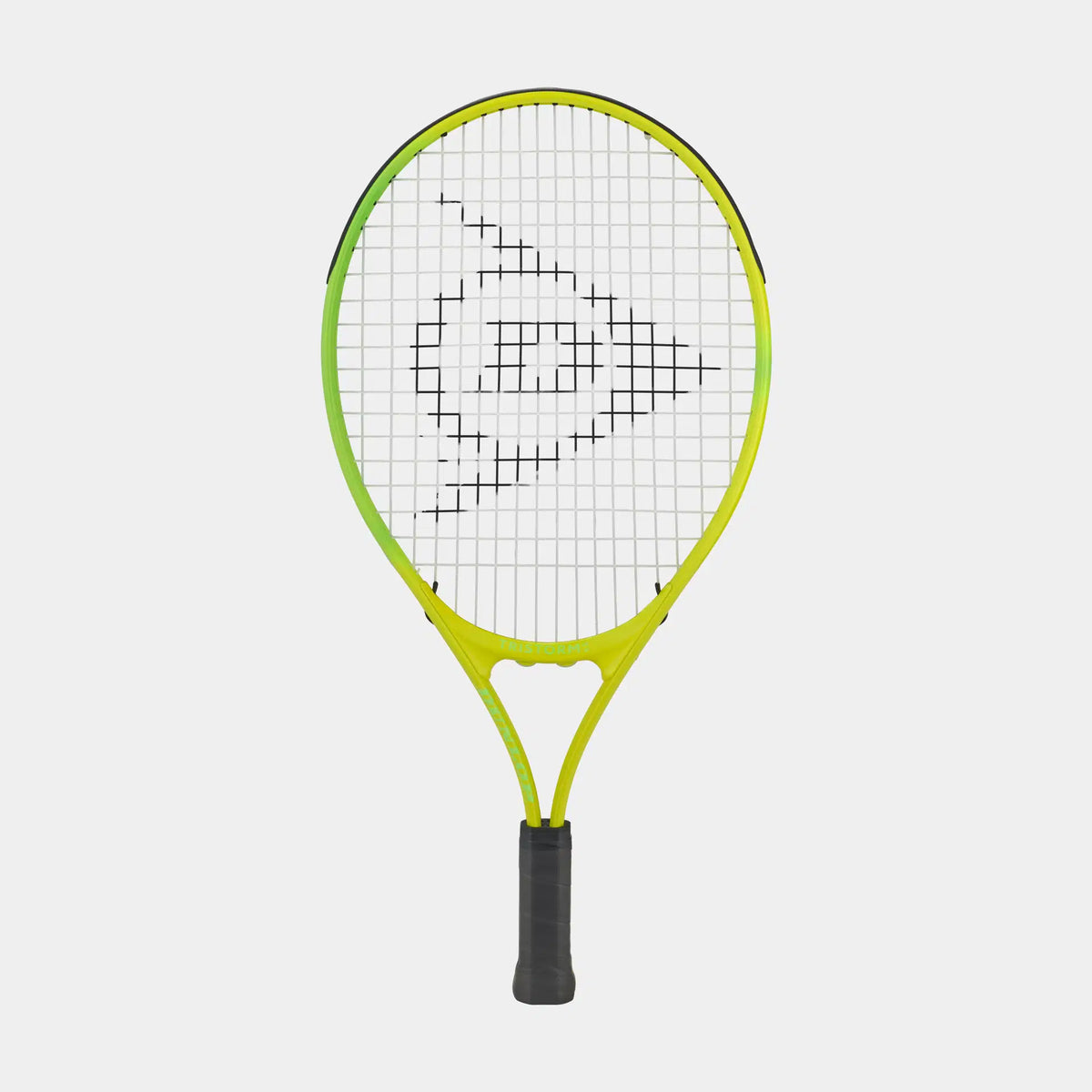 The Dunlop Tristorm Junior Tennis Racket features a yellow and green design with a black handle, shown upright on a white background. Its strings have a black geometric logo at the center, making it ideal for young players.