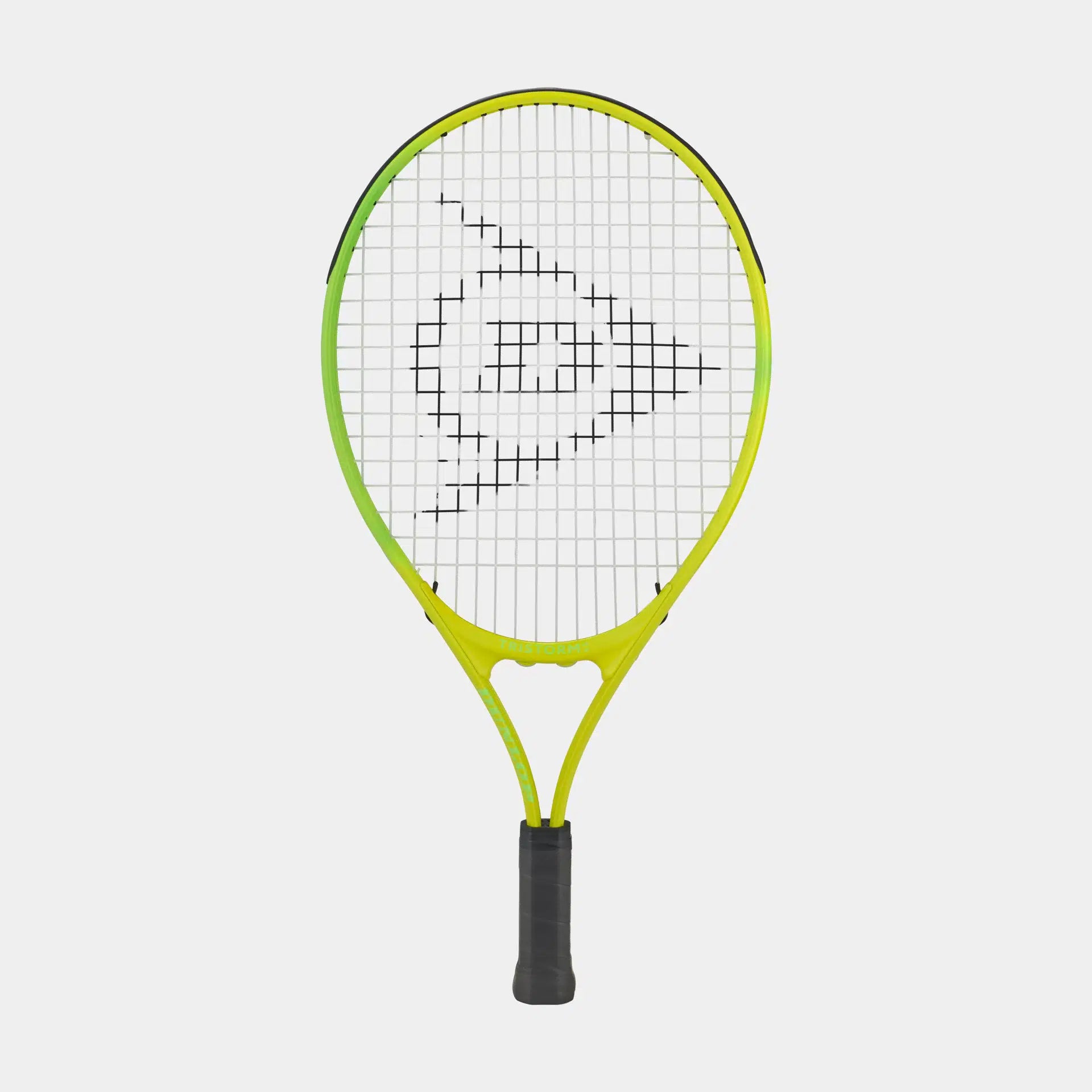 The Dunlop Tristorm Junior Tennis Racket features a yellow and green design with a black handle, shown upright on a white background. Its strings have a black geometric logo at the center, making it ideal for young players.