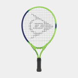 The Dunlop Tristorm Junior Tennis Racket is a green and blue kids’ racket with black strings, a black grip, and features the Dunlop logo plus "TRISTORM" printed on the frame.