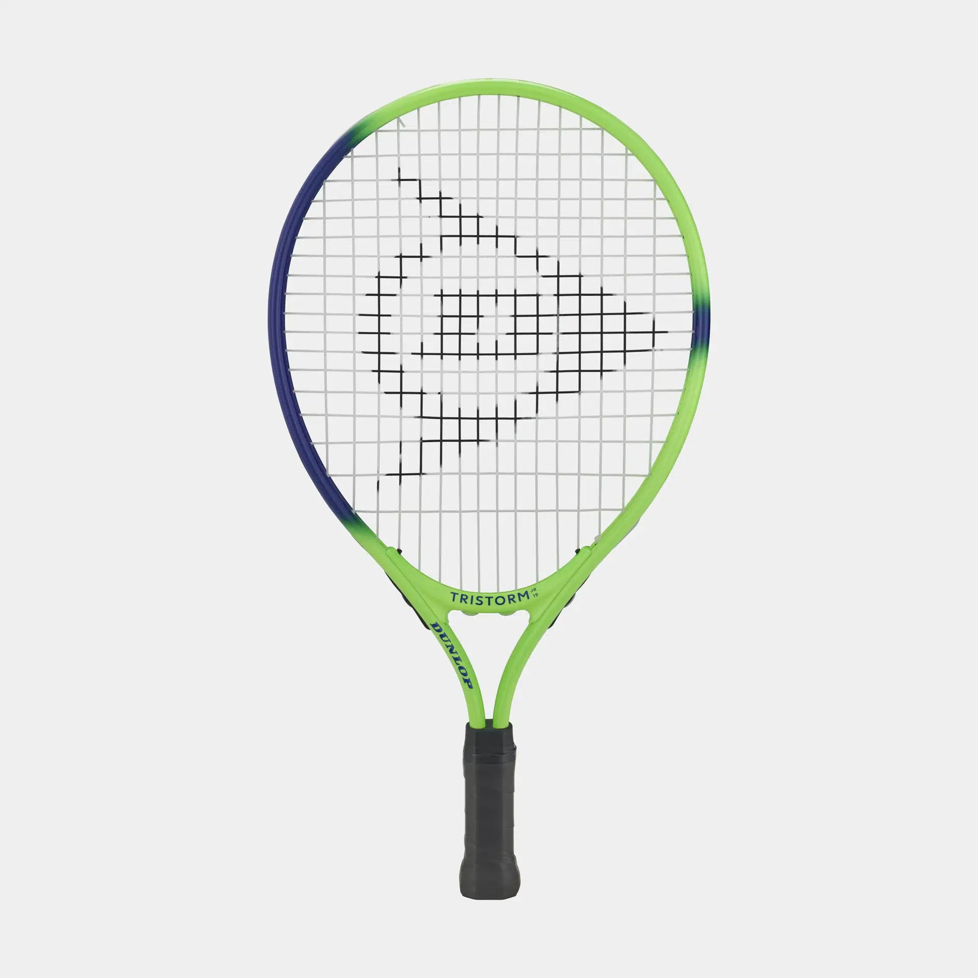 The Dunlop Tristorm Junior Tennis Racket is a green and blue kids’ racket with black strings, a black grip, and features the Dunlop logo plus "TRISTORM" printed on the frame.