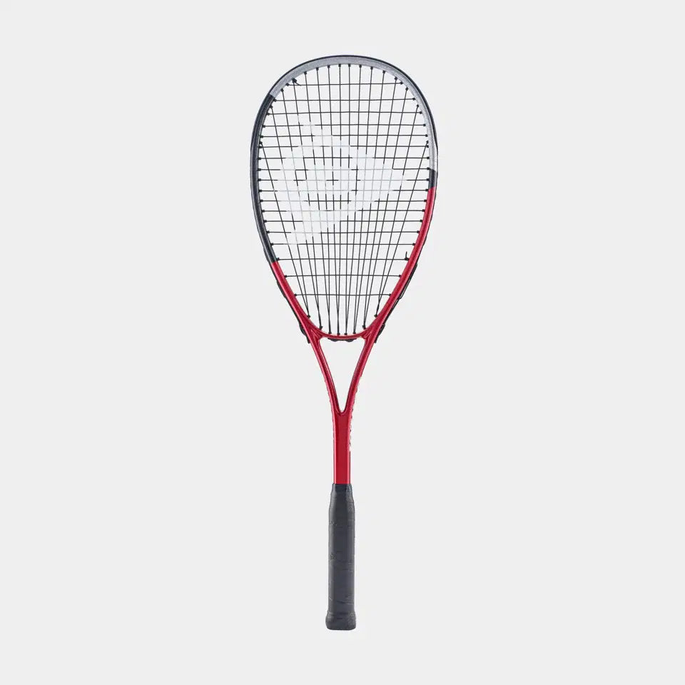The Dunlop Tristorm Tour Squash Racket features a red and black frame with black strings and grip, displayed against a plain white background.