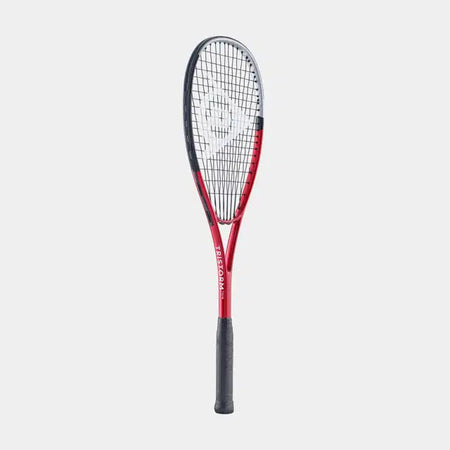 The Dunlop Tristorm Tour Squash Racket features a red and black design with a black grip, displayed upright against a light grey background—perfect for beginner squash players.
