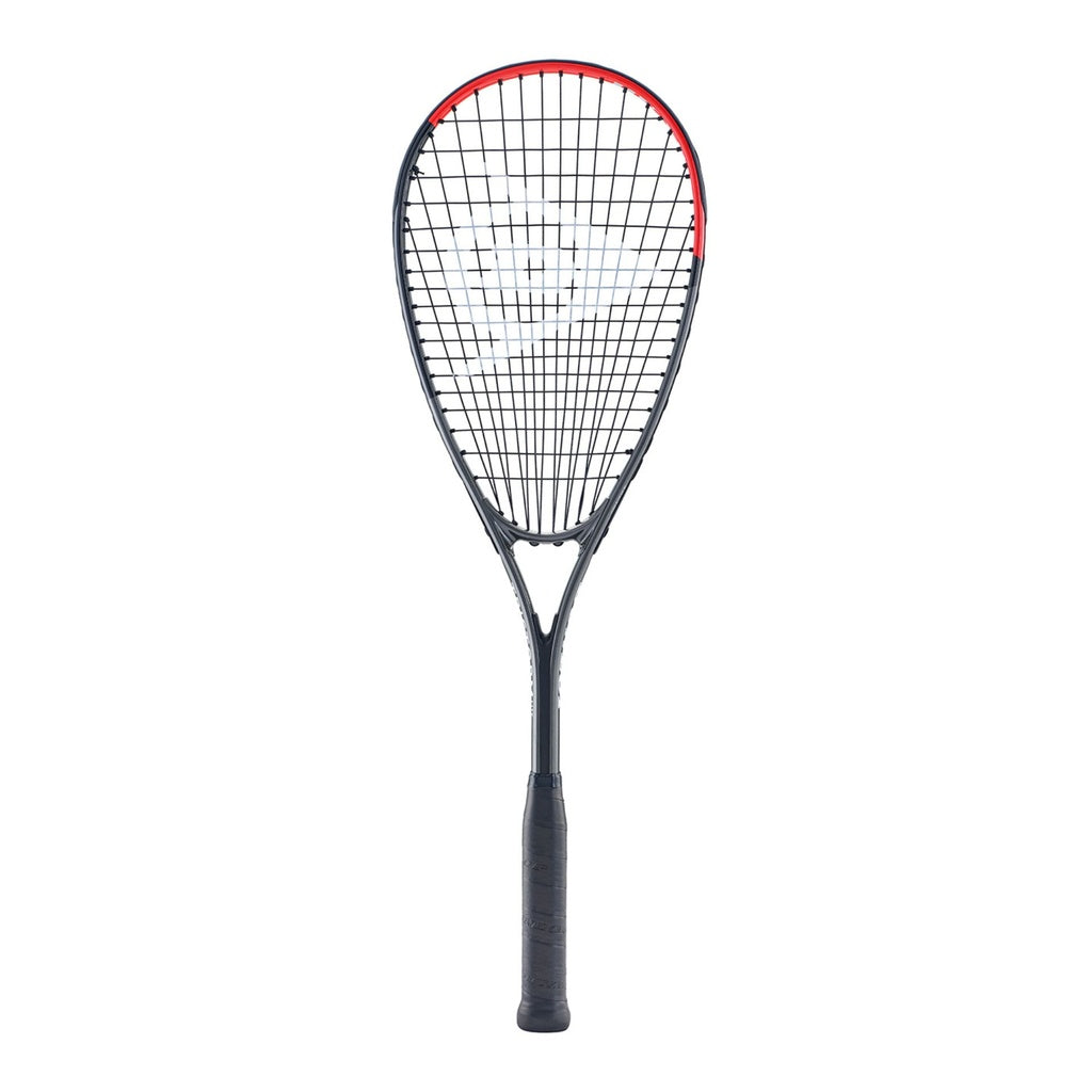The Dunlop Tristorm Lite TI Squash Racket by Dunlop is a black beginner racket with a teardrop-shaped head, durable aluminium frame, red top edge accent, and black grip handle, shown on a white background.