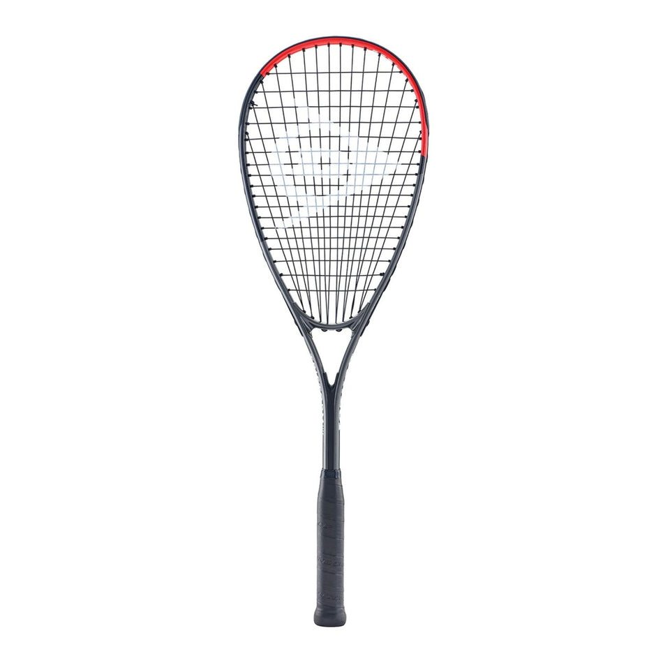 The Dunlop Tristorm Lite TI Squash Racket by Dunlop is a black beginner racket with a teardrop-shaped head, durable aluminium frame, red top edge accent, and black grip handle, shown on a white background.