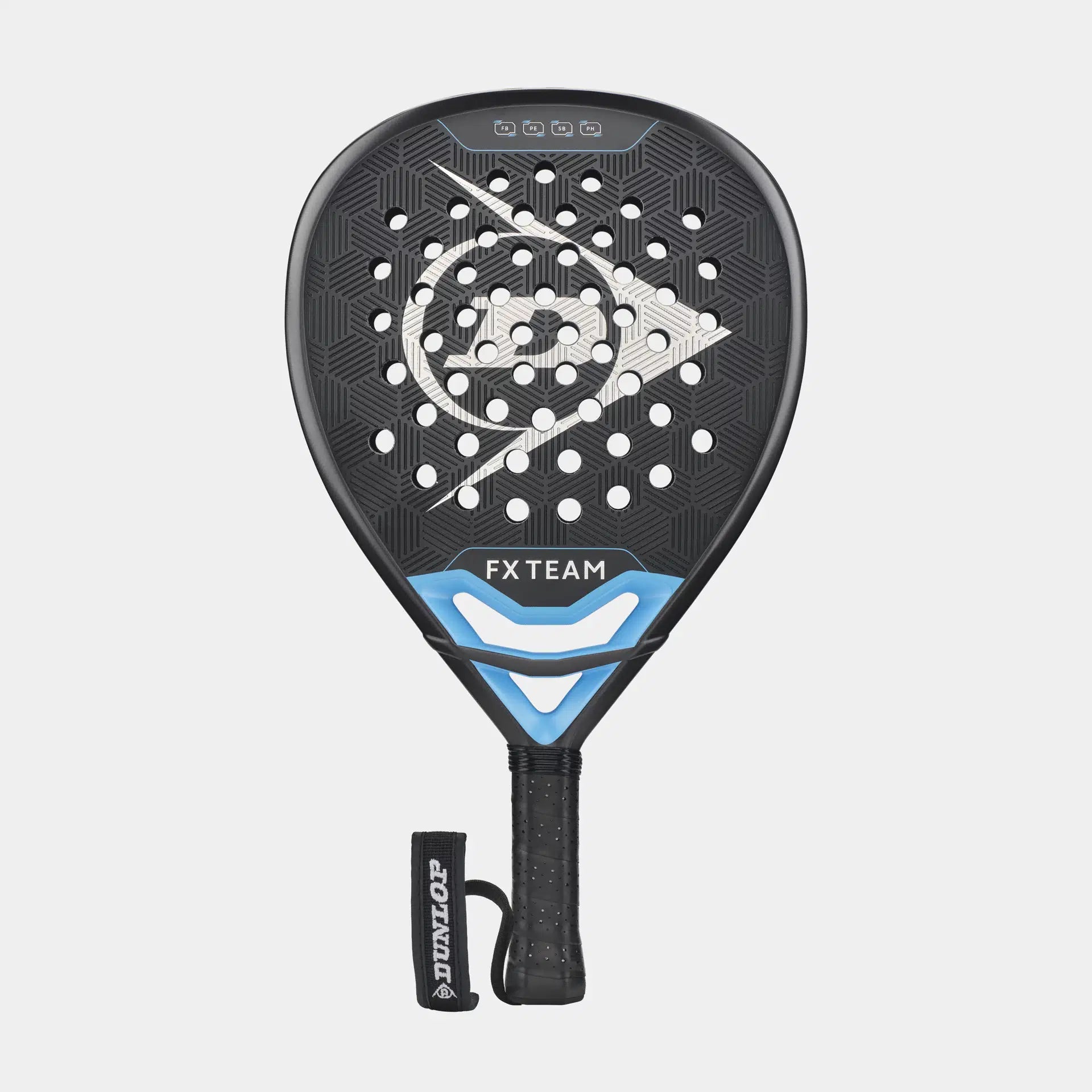 The Dunlop FX Team Padel Racket by Dunlop features SpinBoost technology, a blue accent near the throat, circular holes on its black face, and a wrist strap on the handle, shown against a plain light background.