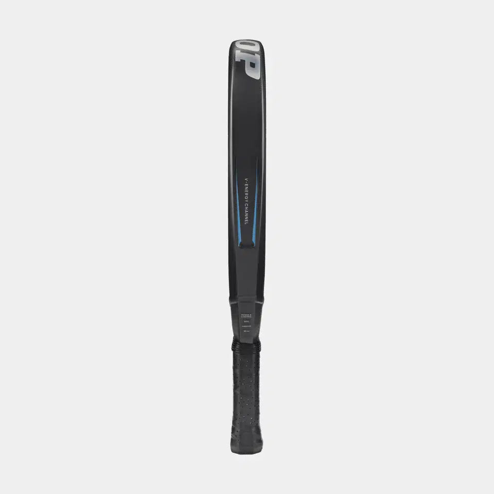 A black Dunlop FX Team Padel Racket shown from the side, featuring a thin frame, visible grip, subtle blue accents, Force Bridge technology, and Dunlop branding on the frame.