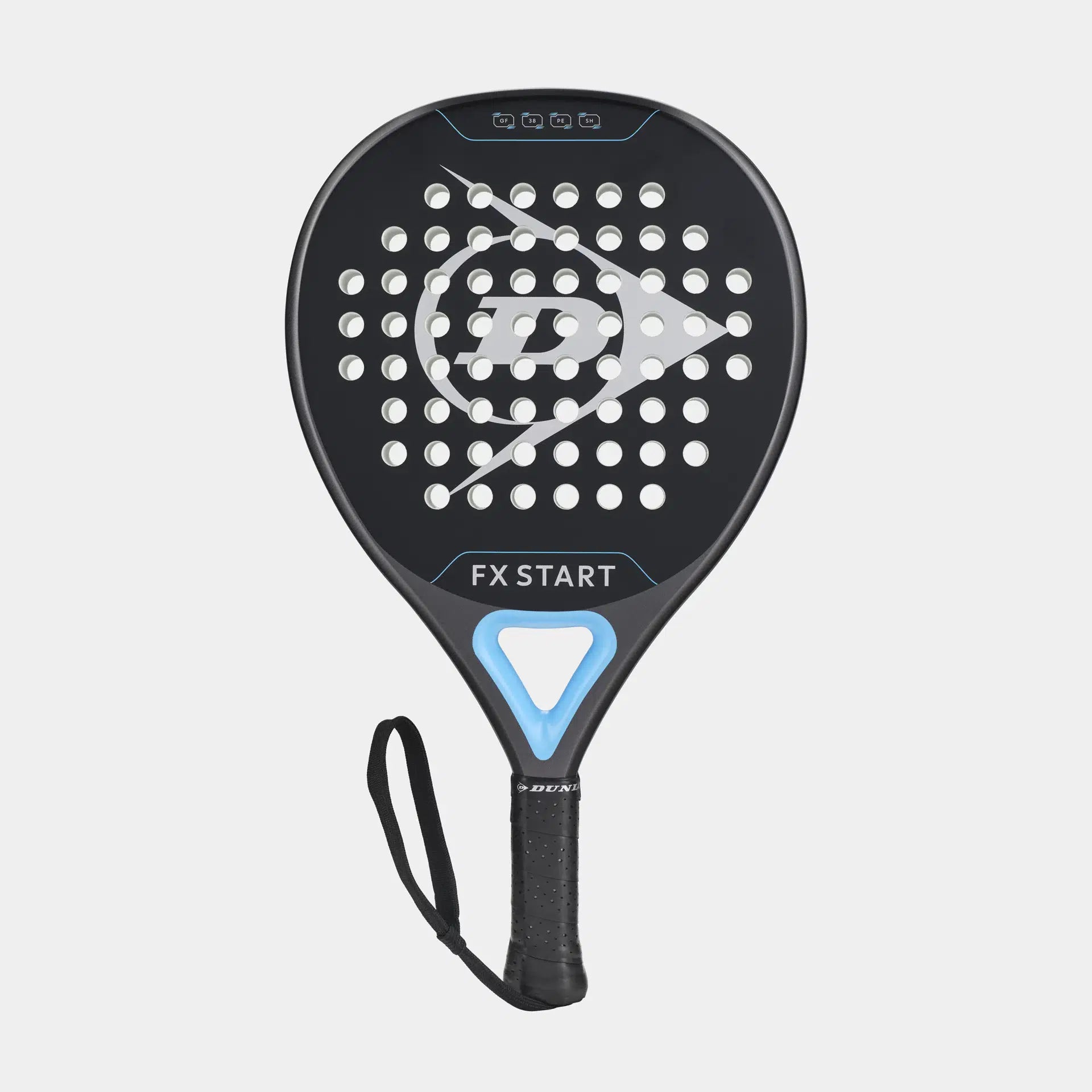 The Dunlop FX Start Padel Racket features a black, perforated surface with blue accents and a large “D” logo, plus a Graphite Frame, Pro EVA core, wrapped handle with wrist strap for enhanced control.