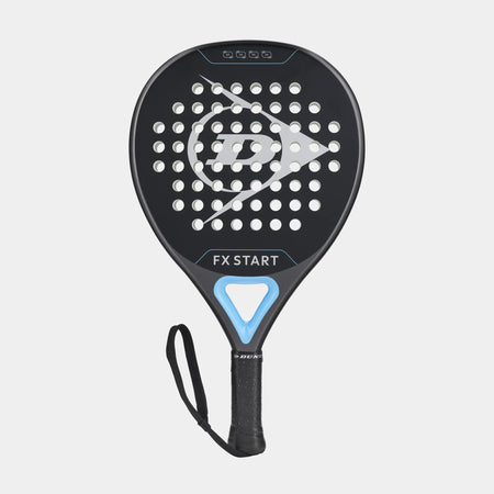 The Dunlop FX Start Padel Racket features a black, perforated surface with blue accents and a large “D” logo, plus a Graphite Frame, Pro EVA core, wrapped handle with wrist strap for enhanced control.