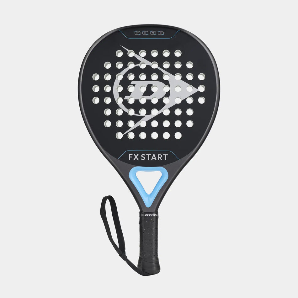 The Dunlop FX Start Padel Racket features a black, perforated surface with blue accents and a large “D” logo, plus a Graphite Frame, Pro EVA core, wrapped handle with wrist strap for enhanced control.