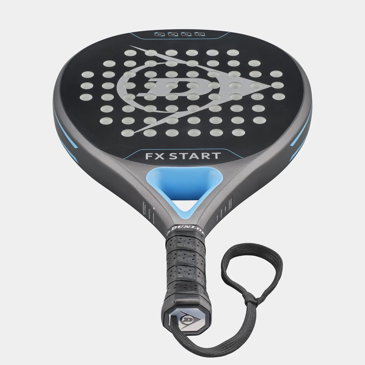 The Dunlop FX Start Padel Racket features a round head, Pro EVA core, graphite frame, central circular holes, gray and blue accents, and a black grip with wrist strap; shown on a white background.