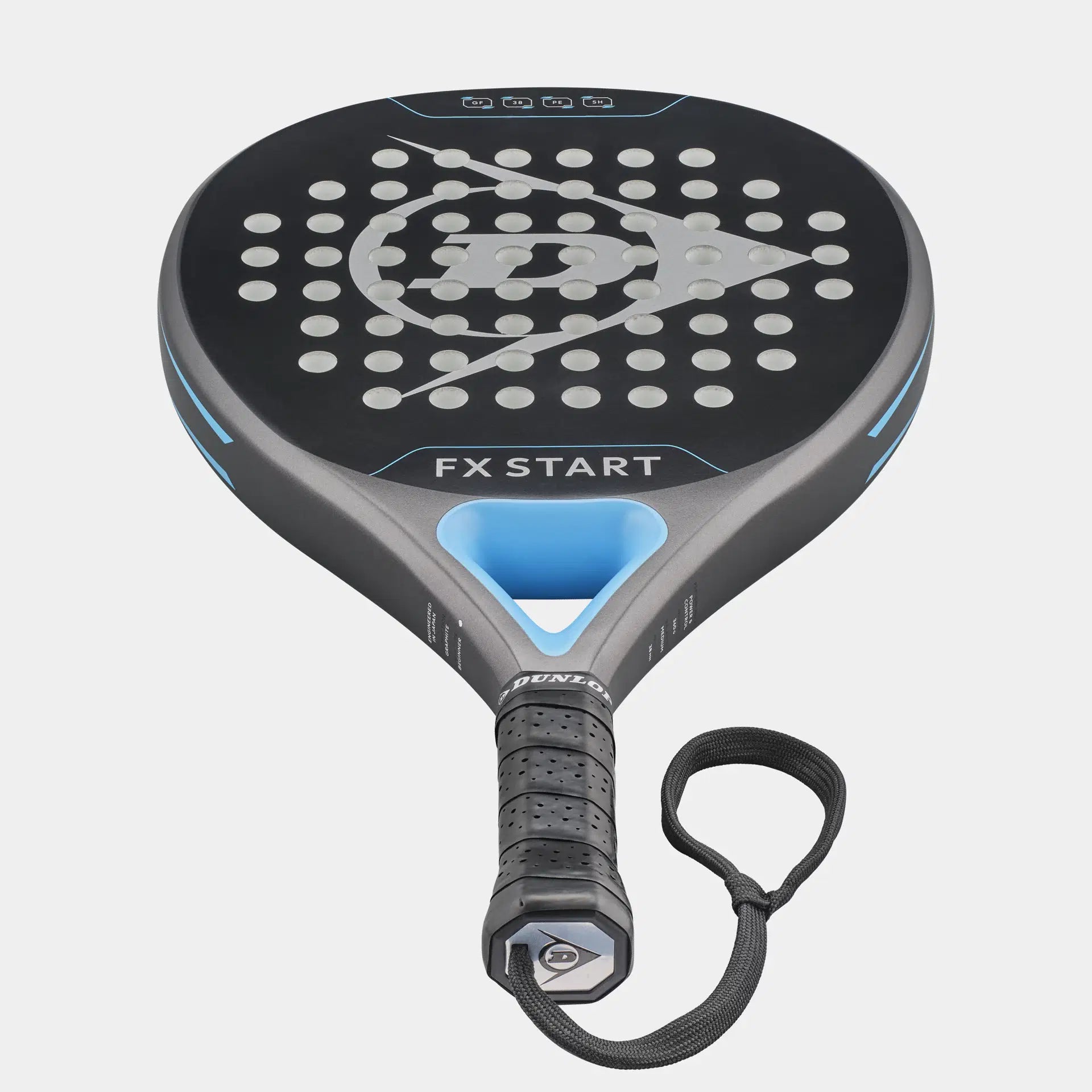 The Dunlop FX Start Padel Racket features a round head, Pro EVA core, graphite frame, central circular holes, gray and blue accents, and a black grip with wrist strap; shown on a white background.