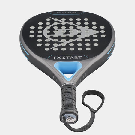 The Dunlop FX Start Padel Racket features a round head, Pro EVA core, graphite frame, central circular holes, gray and blue accents, and a black grip with wrist strap; shown on a white background.