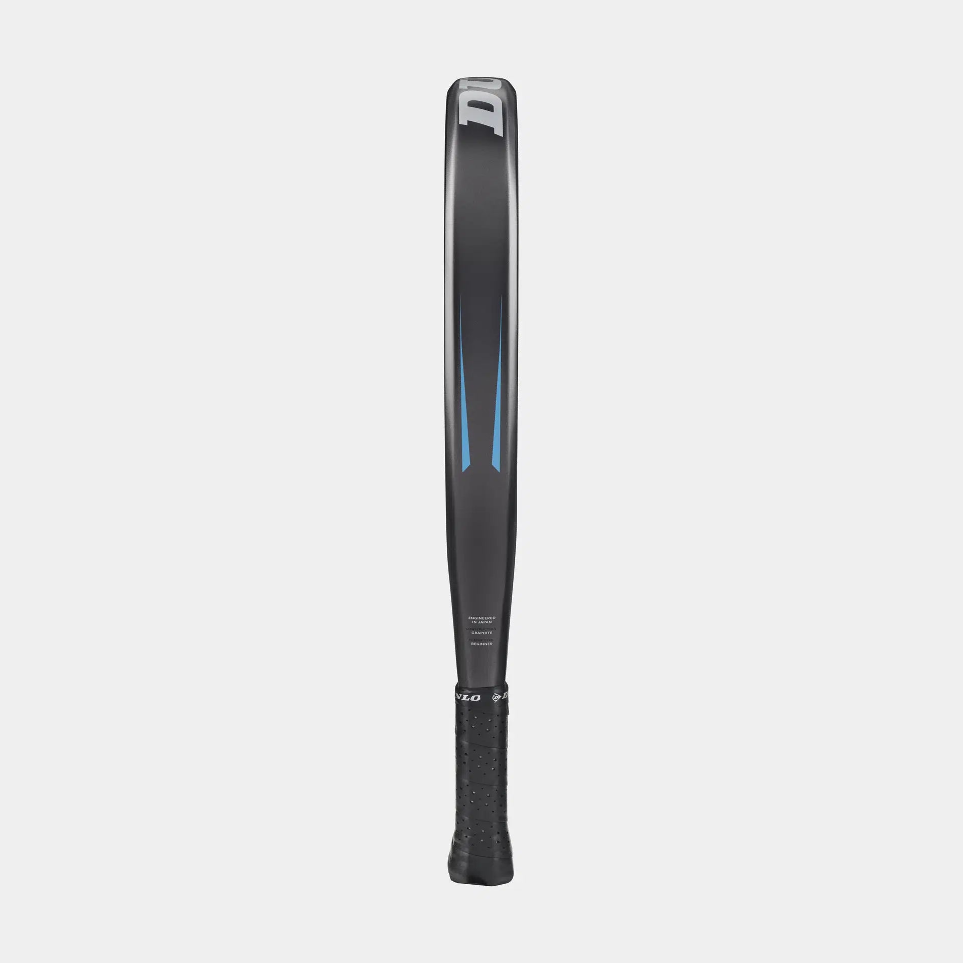The Dunlop FX Start Padel Racket by Dunlop, in black and gray with blue accents, featuring a Pro EVA core and graphite frame, is shown upright against a plain light gray background.