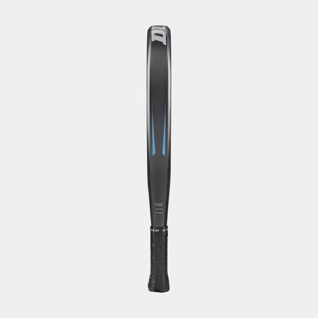 The Dunlop FX Start Padel Racket by Dunlop, in black and gray with blue accents, featuring a Pro EVA core and graphite frame, is shown upright against a plain light gray background.