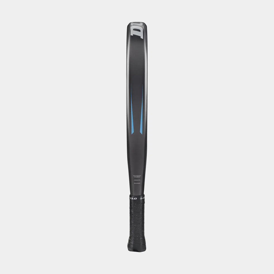 The Dunlop FX Start Padel Racket by Dunlop, in black and gray with blue accents, featuring a Pro EVA core and graphite frame, is shown upright against a plain light gray background.