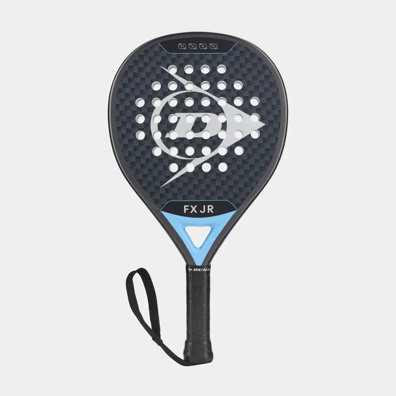 The Dunlop FX JR Padel Racket is a lightweight black and blue junior padel racket by Dunlop, featuring a textured surface, circular perforations, a wrist strap on the handle, and the FX JR model name on the neck.