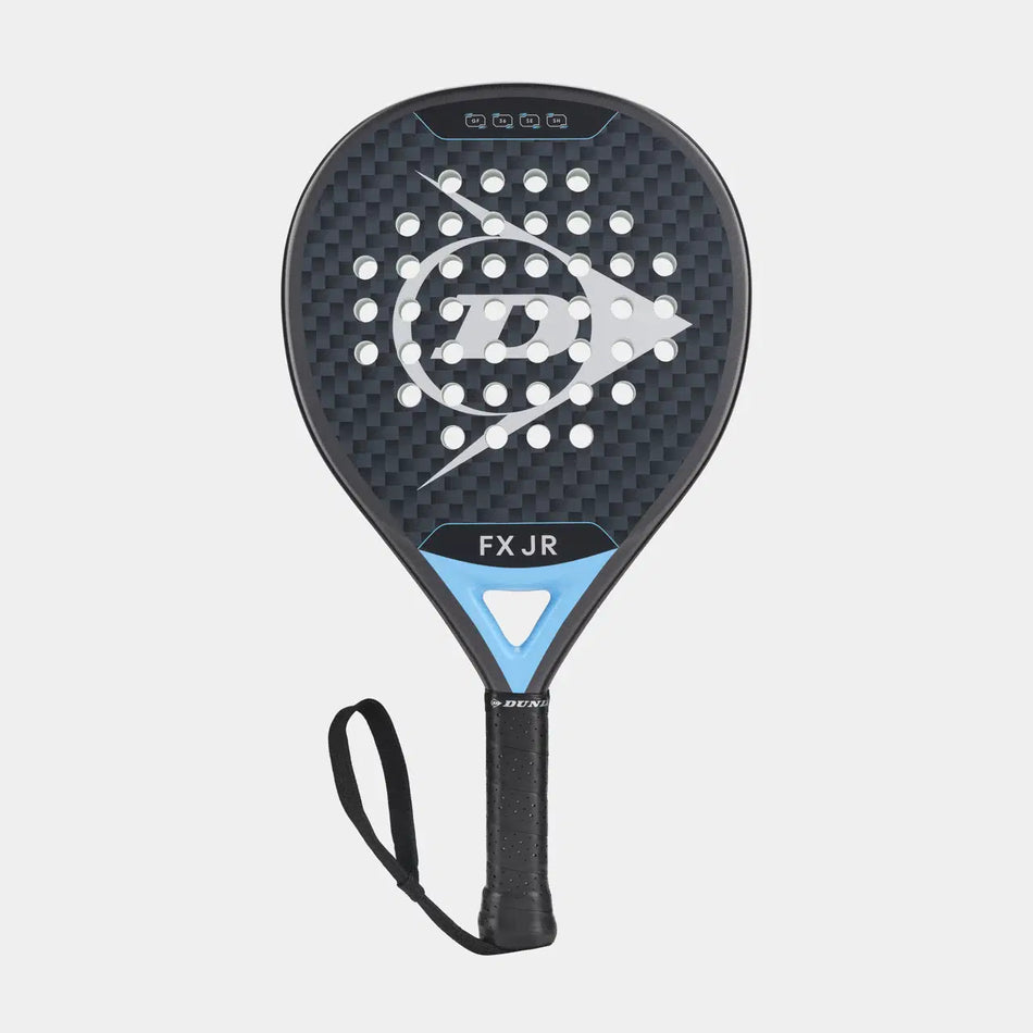 The Dunlop FX JR Padel Racket is a lightweight black and blue junior padel racket by Dunlop, featuring a textured surface, circular perforations, a wrist strap on the handle, and the FX JR model name on the neck.