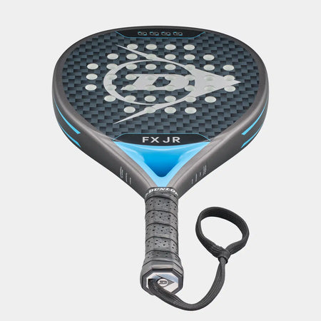 The Dunlop FX JR Padel Racket, in black and blue with a perforated textured face, cushioned grip, and wrist strap, is shown on a plain light gray background.