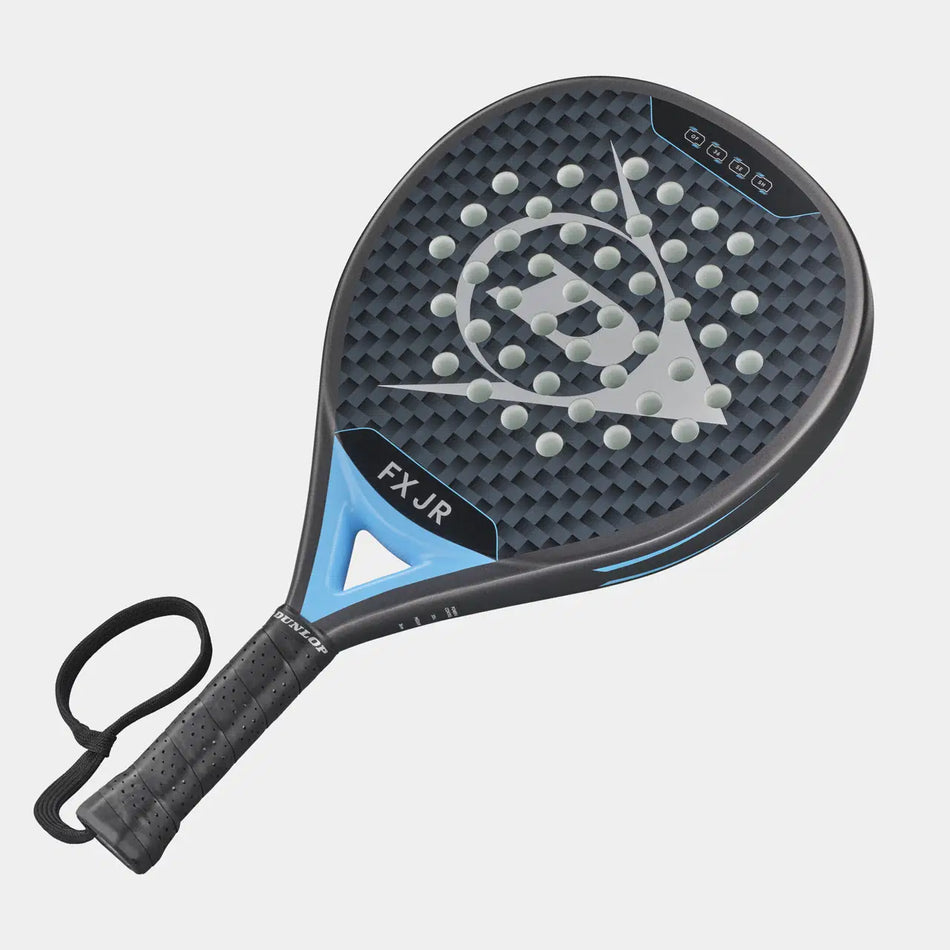 The Dunlop FX JR Padel Racket by Dunlop is a lightweight black and blue racket with a textured face, white circular holes, a large logo, and a wrist strap on the handle.