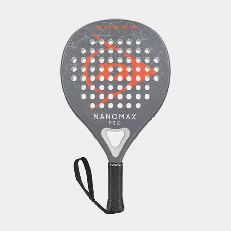 The Dunlop Nanomax Pro Padel Racket features a gray and black design with orange geometric accents, a graphite frame, "NANOMAX PRO" on the face, a Pro EVA core for comfort, and a black wrist strap on the handle.