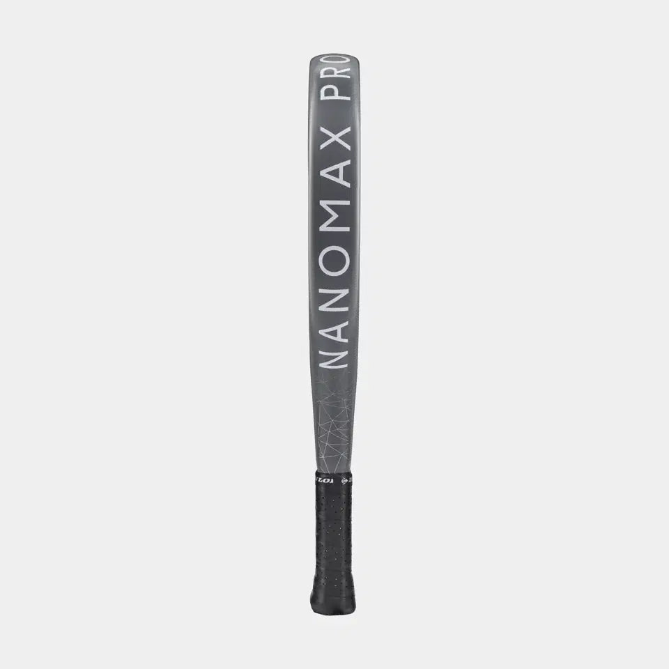 A Dunlop Nanomax Pro Padel Racket with the text NANOMAX PRO in white along the racket, featuring a black grip for enhanced control, shown against a plain white background.